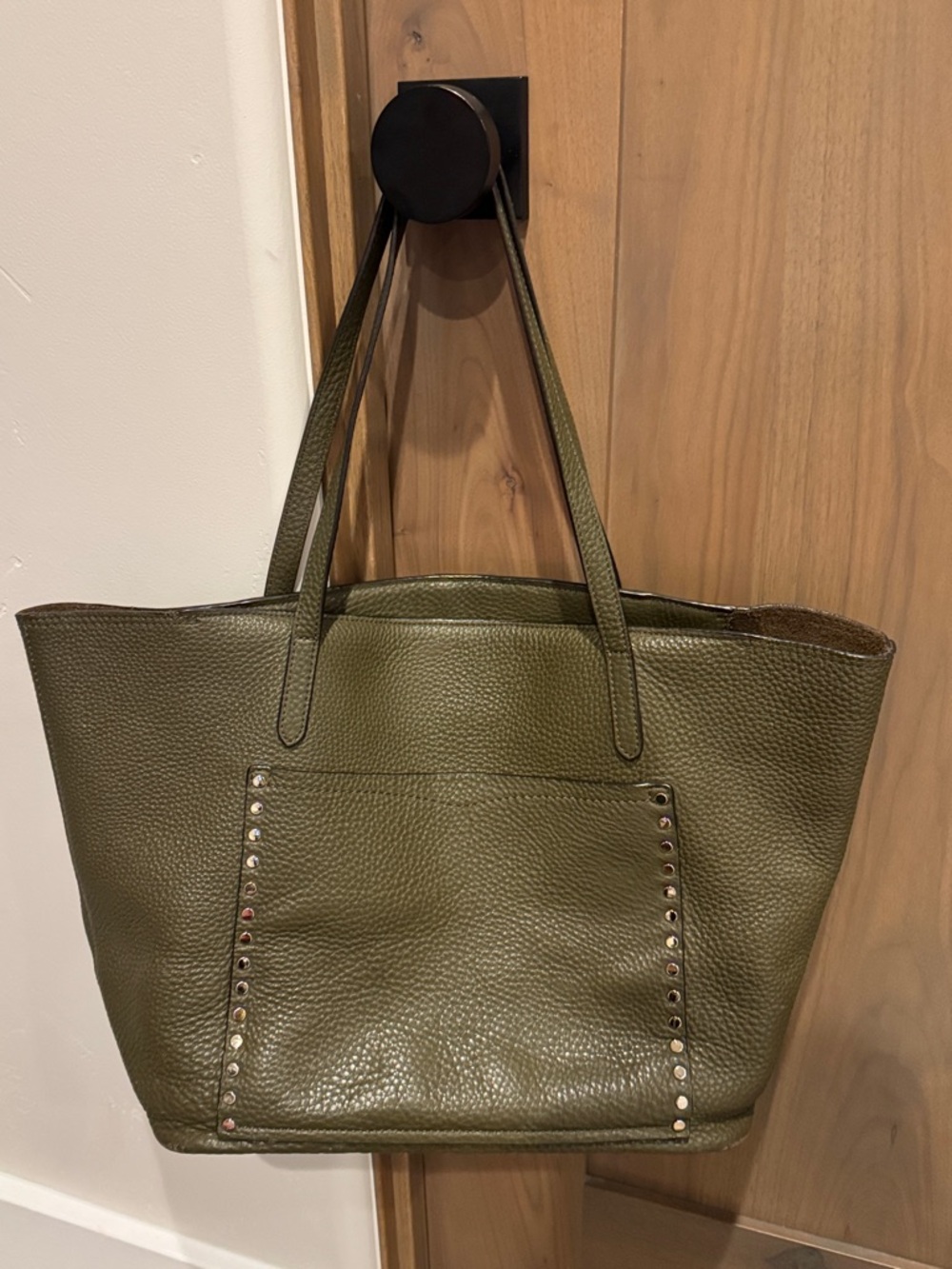 Rebecca Minkoff Olive Green Leather Tote Bag with Studded Front Pocket